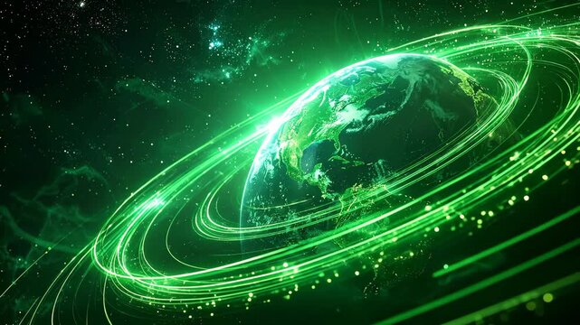 Futuristic Green Earth with Dynamic Energy Rings in Space.