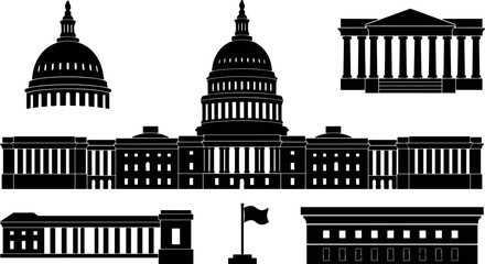 Naklejka premium Flat design silhouette montage of capitol dome and classical government buildings aerial view flag close up dramatic contrast vector black