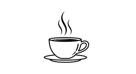 Obraz premium Simple black and white line art icon of a steaming hot coffee or tea cup on a saucer, ideal for web design and branding.