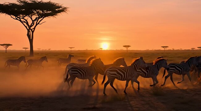 Herd of zebras running across the dusty plains of the Serengeti at sunset, a breathtaking African landscape