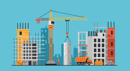 An illustration depicting a busy construction site with tall buildings under construction, a large crane lifting a block, a dump truck, and a worker. © Ohim