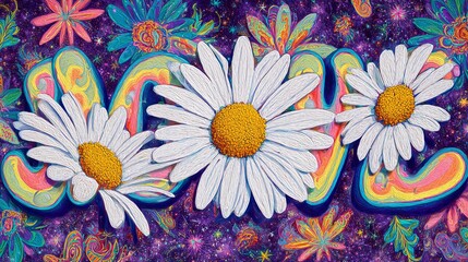 Groovy banner features daisy flowers, a psychedelic background, and vintage lettering. Hippie art has a 1970s feel.