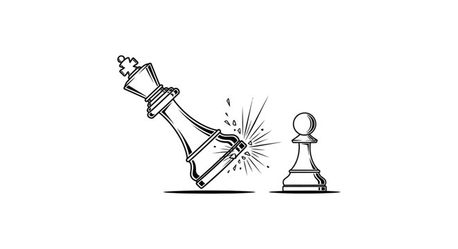 a small chess pawn stands victorious over a fallen shattered king symbolizing unexpected triumph strategic overthrow and the power of the underdog.