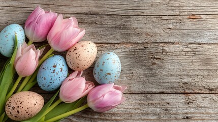 Obraz premium Bright Easter eggs and pink tulips lay across a rustic wood surface, ready for your message.