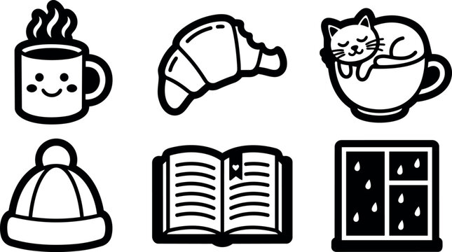 Minimalist line art cozy cute morning icons set mug croissant cat cup beanie open book rainy window flat vector