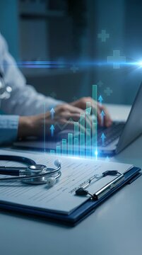 Doctor Typing on Laptop with Holographic Growth Chart Overlay White Coat Stethoscope on Clipboard in Blue Toned Office