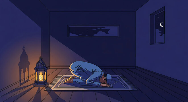 muslim man in sujood prayer on a mat in a dark room at night illuminated by a ramadan lantern and moon.