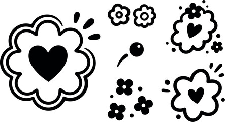 Fototapeta premium Whimsical doodle floral heart badges set close up floral icons with hand drawn outlines scattered elements playful vector art collection