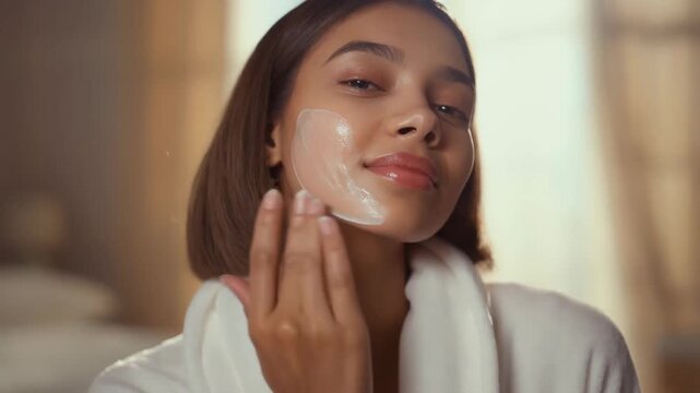 Close-up of a young woman with glowing hydrated skin applying moisturizing cream, showing skin barrier protection and radiant texture in soft natural light, skincare routine video footage