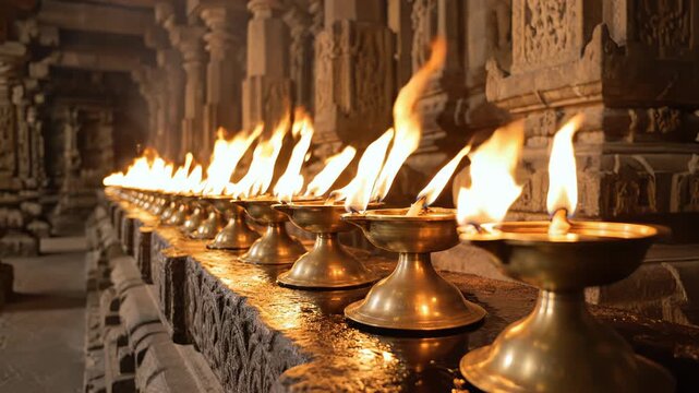 Numerous Brass Oil Lamps Lit With Flickering Flames Line A Stone Corridor With Intricate Carvings In The Background And Warm Atmospheric Lighting Creating A Sacred Ambiance