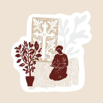 Hand drawn collage style christian motif element. Woman sitting at church cross contemplating. Isolated flat vertical vector sticker shape ready to print. Modern religious bible journaling aesthetic