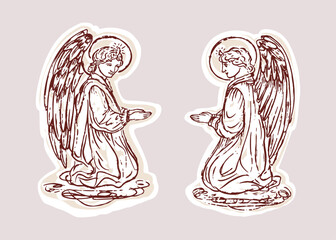 Naklejka premium Hand drawn holy guardian angels illustration motif for religious greetings card. Flat isolated black white graphic design element . Christian easter, christmas and religious sticker print for church 