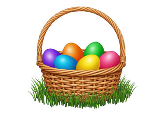 A wicker basket filled with colorful easter eggs on green grass isolated on transparent background