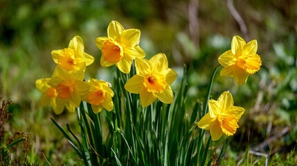 Fototapeta premium Bright yellow daffodils bloomed on green grass, bathed in gentle spring sun, creating a peaceful, natural scene.
