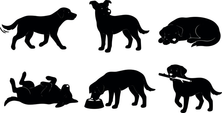 Vector dog silhouette set six playful poses including standing walking sleeping rolling eating carrying stick in simple flat black style