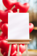 Romantic Valentine&rsquo;s Day mockup featuring empty signboard on easel for greeting or announcement