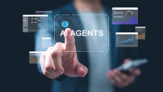 Close up businessman select AI agents interface with data analytics dashboards, representing artificial intelligence automation, chatbot systems, performance insight and digital workflow optimization.