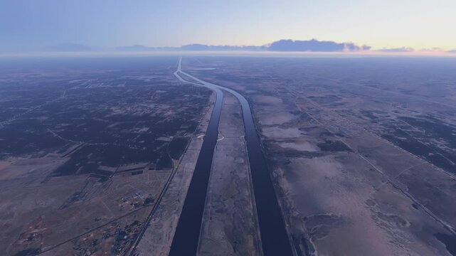 Dusk aerial drone view of the Suez Canal. Egypt