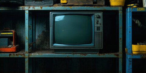 Old storage unit contains vintage television, radio, boxes. Dim lighting creates eerie, abandoned atmosphere. Rust evident.