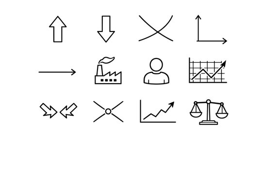 Supply and demand. Line icon set of supply and demand: upward supply arrow, downward demand arrow, intersecting curves, price axis, quantity axis, producer