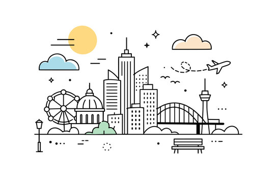 City travel editorial backdrop. Simplified skyline silhouettes with abstract sun and cloud shapes, forming a clean editorial scene. Modern and approachable