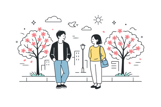 Spring smells in city air. Two people stand near blooming trees on a sidewalk, relaxed posture, quiet awareness of surroundings. Urban calm mixed with nature,