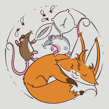 Pillow fights while the adult sleeps. Quiet morning games. Rats play fighting on the fox's back. A cartoon fox drawn in a simple outline style. Vector illustration of a cheerful animal.