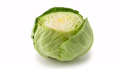 Fototapeta premium Fresh cut cabbage with green leaves on white background