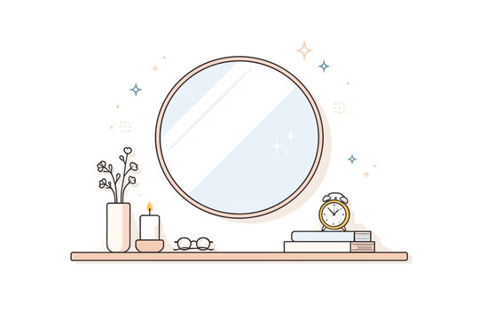 Mirrors without faces. Mirror on a simple wall reflecting soft daylight, no person in frame. Calm domestic mood with a touch of introspective stillness.