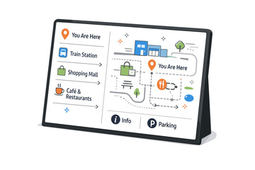 Public signage details. A wayfinding map panel in a public space, shown from an angle with icons and arrows. Focus on communication, clarity, and modern urban