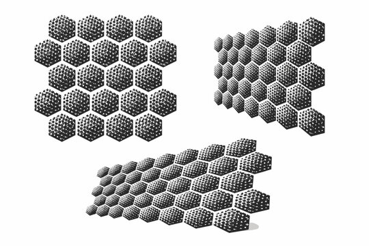 Geometric hex pattern texture with staggered dotted alignment shown from front view, side view, and three-quarter perspective as a single object set with
