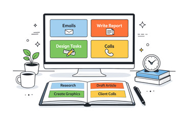 Task batching productivity methods. Desk scene with tasks organized into clear blocks on a screen and notebook. Visual clarity and reduced cognitive load.