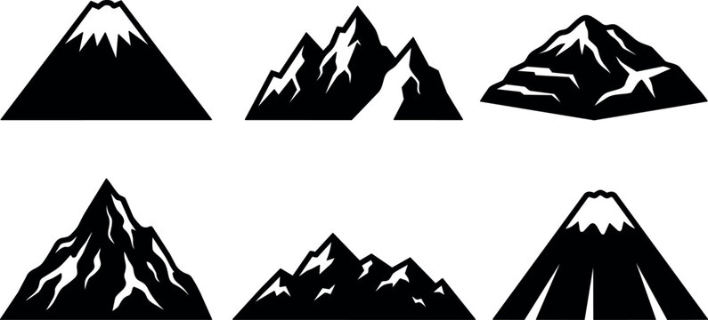 Minimalist vector mountain icon set six black silhouettes with snowcap peaks front varied angles flat bold shapes isolated white background