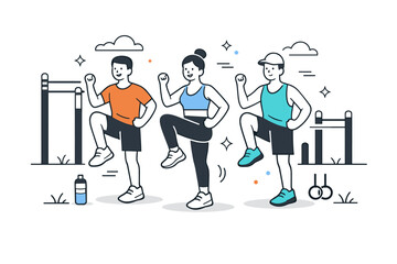 Fototapeta premium Outdoor calisthenics workouts ? Group calisthenics session outdoors. Two or three people training together, encouraging atmosphere, synchronized movements and