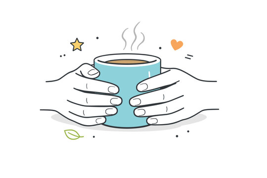 Hands idle positions. Close-up of hands holding a warm mug loosely without lifting, fingers relaxed around the surface. Comfort and idleness conveyed in a