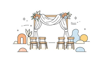 Obraz premium Boho wedding ceremony setup. A simple wedding arch with flowing fabric and flowers, minimal chairs and abstract decorative shapes around. The scene feels
