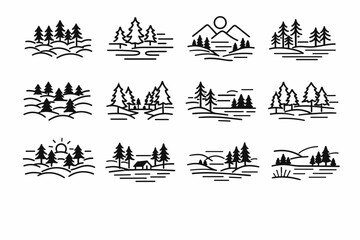 Naklejka premium Fog and Nature. Line icon set of Fog and Nature: foggy forest, misty trees, nature silhouettes, quiet woods, layered fog, forest depth, natural calm, woodland