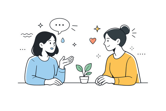 Empathy in trauma informed care. Two people in a gentle conversation, one listening attentively while the other speaks. Focus on validation, presence, and