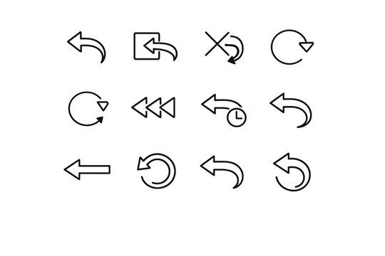 Undo Action. Line icon set of Undo Action: undo arrow, reverse step, cancel action, rollback symbol, rewind icon, action history, revert change, undo button,