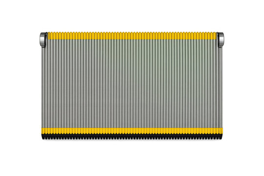 Close-up view of an escalator step with yellow safety lines and metallic texture