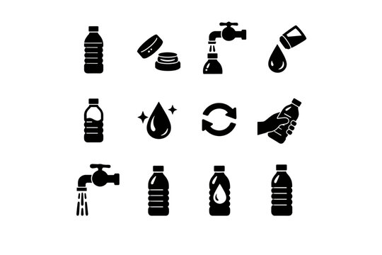 Filling a Water Bottle. Solid icon set of Filling a Water Bottle: water bottle, open bottle cap, bottle under tap, water pouring, filling level, clean drinking