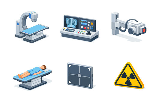 X-ray diagnostics. Isometric flat vector icons set of x-ray diagnostics: x-ray machine, x-ray control panel, patient x-ray table, wall-mounted x-ray tube,