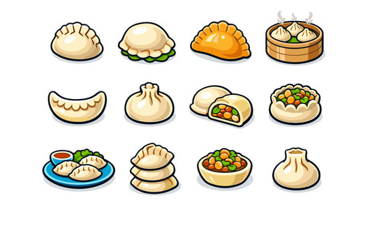 Stuffed Dumplings. Colorful isometric vector icons set of stuffed dumplings: classic dumpling, boiled dumpling, fried dumpling, steamed dumpling, crescent