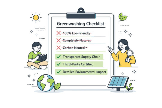 Greenwashing awareness. A document checklist with crossed-out misleading claims and confirmed facts highlighted, showing transparency and education. Calm