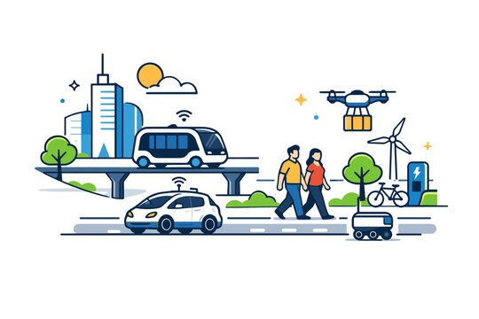 Future cities focused on intelligent mobility where autonomous transport and pedestrian paths coexist in a calm, organized urban scene that conveys efficiency