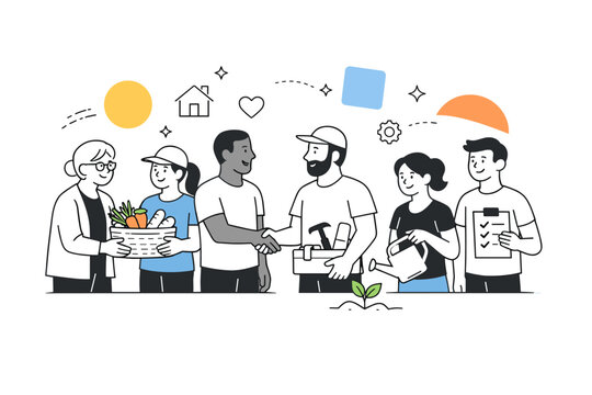 Resilient communities. Neighbors standing together and sharing resources, showing mutual support during change. Calm cooperation, trust, and stability with
