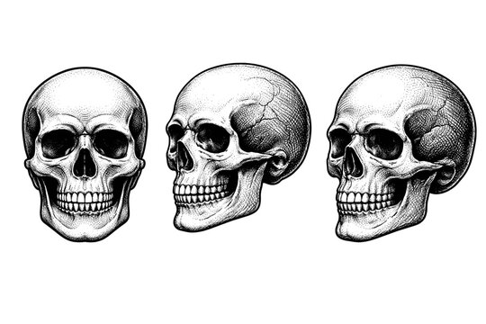 Human skull presented as a single anatomical object shown in front view, side profile, and three-quarter perspective with realistic proportions and detailed