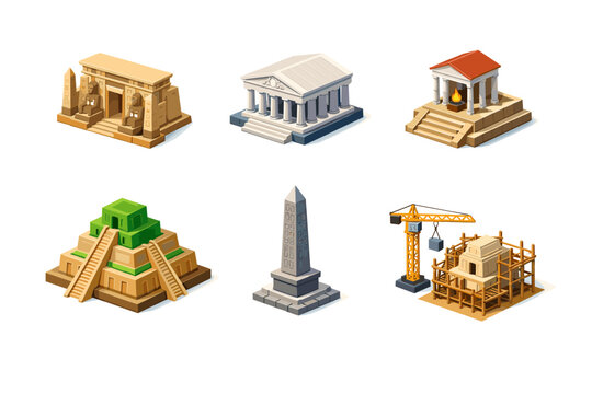 Ancient Temples. Isometric flat vector icons set of Ancient Temples: Egyptian stone temple with columns, Greek marble temple with pediment, Roman temple with