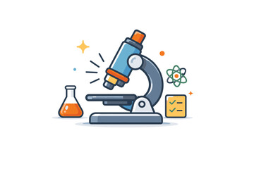 Science lab equipment illustrated by a microscope with subtle focus lines, conveying research precision, observation, and analytical thinking. Minimalist flat