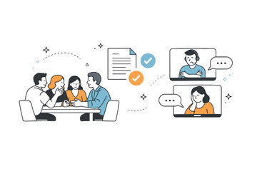 Hybrid meeting inequality decision making. In-person attendees clustered around a table making decisions while remote participants watch on screens, expressing